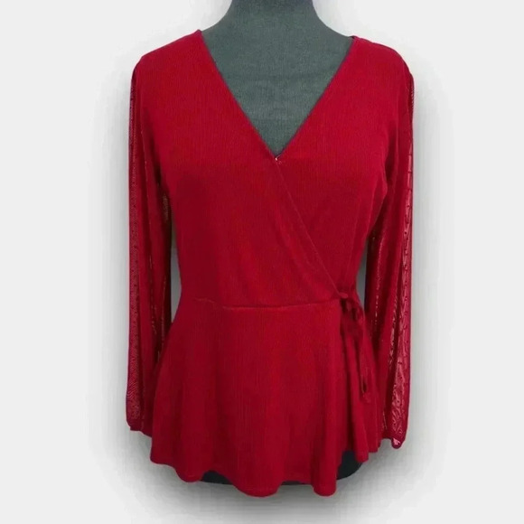MAURICES ladies v-neck ribbed long sheer sleeve‎ large wrap blouse red - Picture 1 of 12